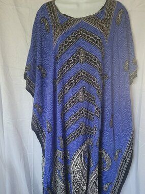 NF Boho African Dashiki Kaftan Maxi Dress Blue Paisley Geometric Print Free Size